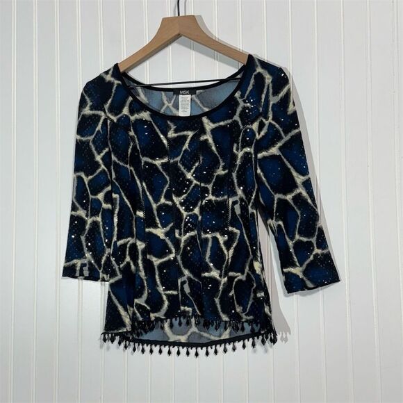 MSK Blue Sequin Animal Print Tunic S Giraffe Print Sparkle Party Top Beaded Hem - Picture 1 of 7